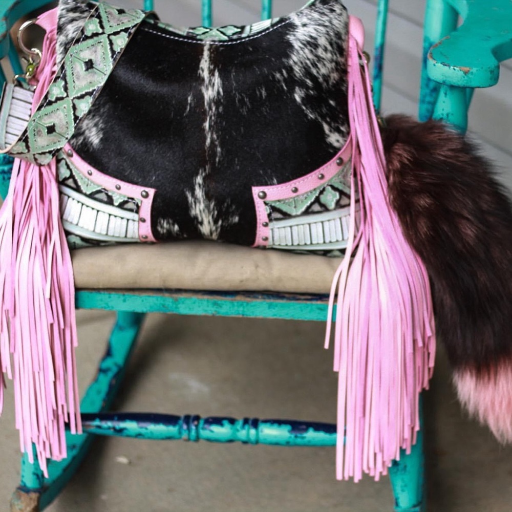 Western Fringe Shoulder Bag in Black, Pink and Mint Cowhide